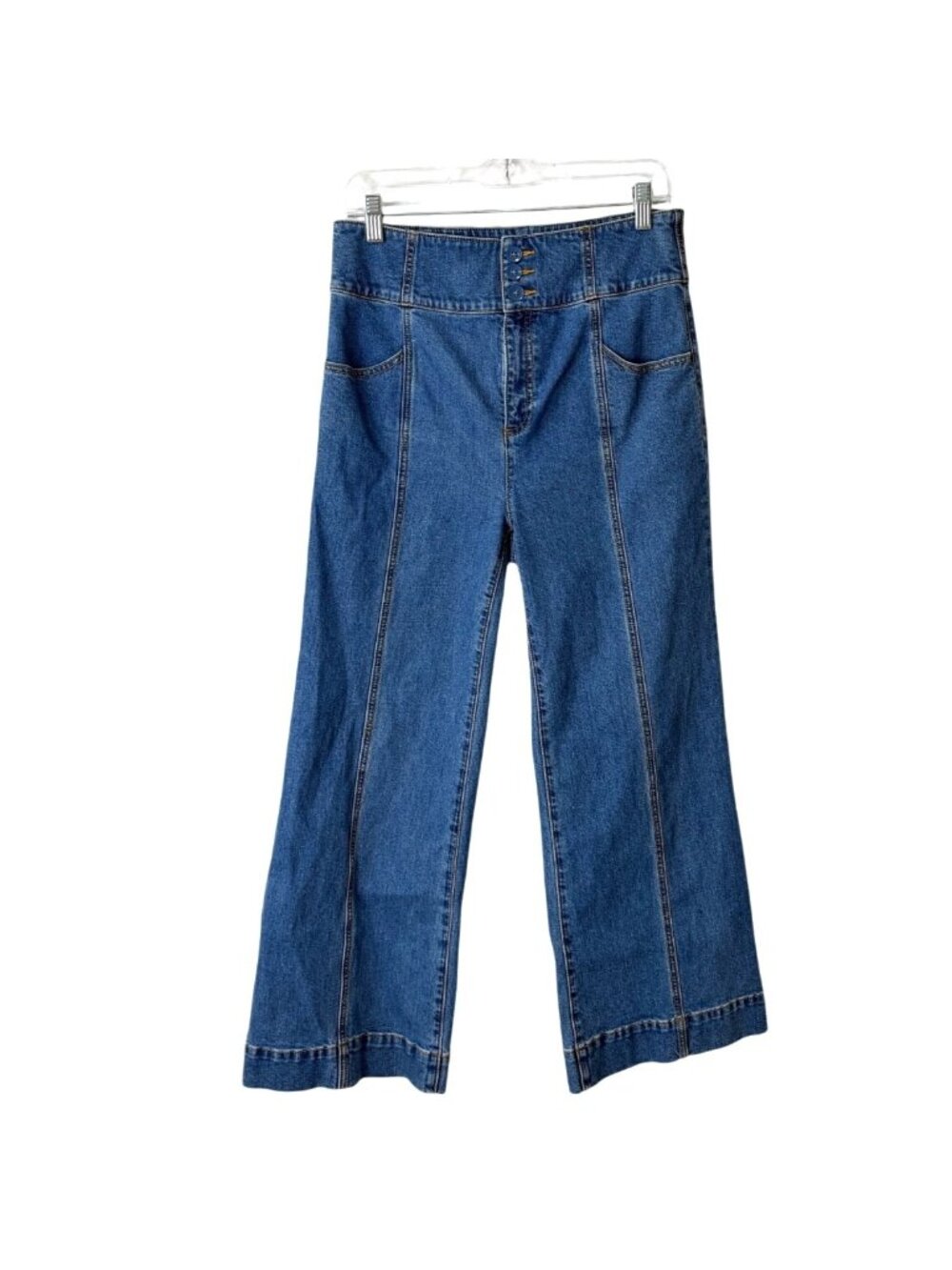 Kate Spade Women Size 30 Denim Crop Flare Pant Jeans High-Waist Blue Gold-Stich
